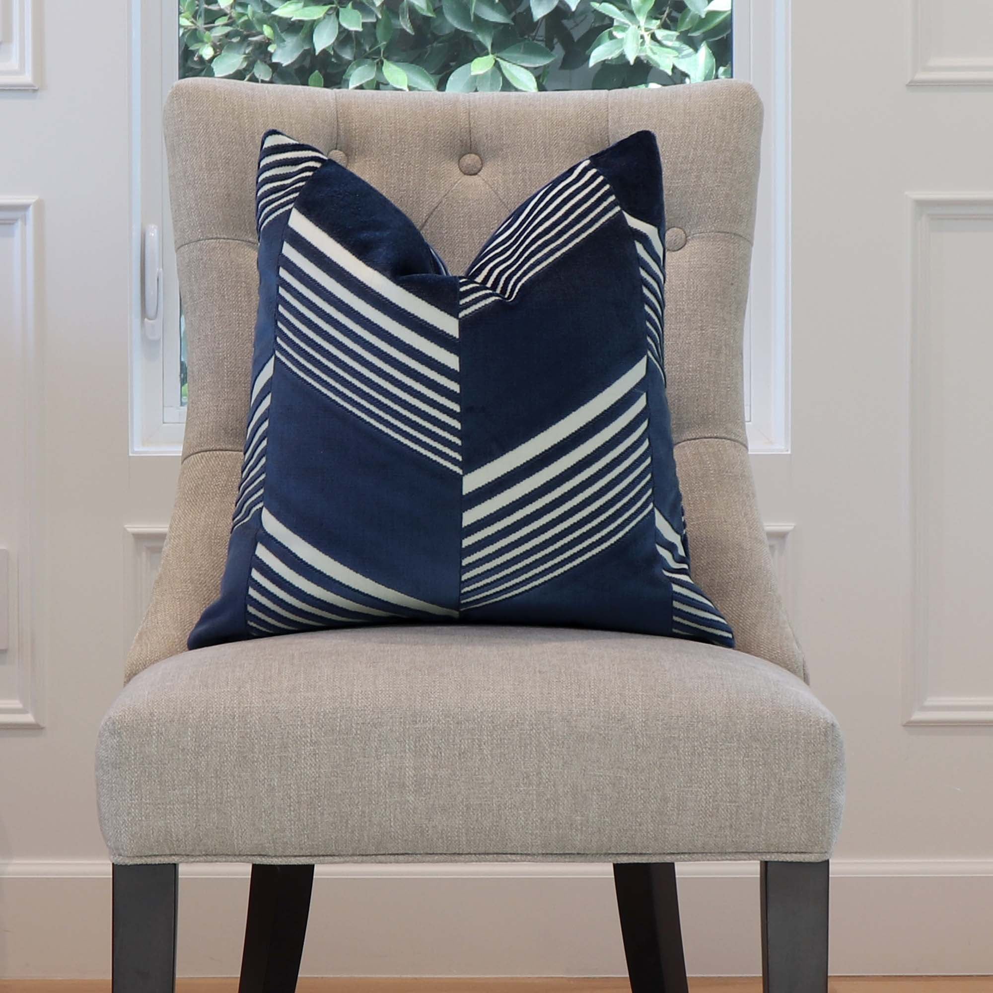 Schumacher Jessie Cut Velvet Navy Blue Designer Decorative Throw Pillow Cover on Armless Chair in Home