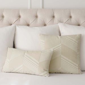 Schumacher Jessie Cut Velvet Ivory Designer Decorative Throw Pillow Cover on Bed with Large White Square Throw Pillows
