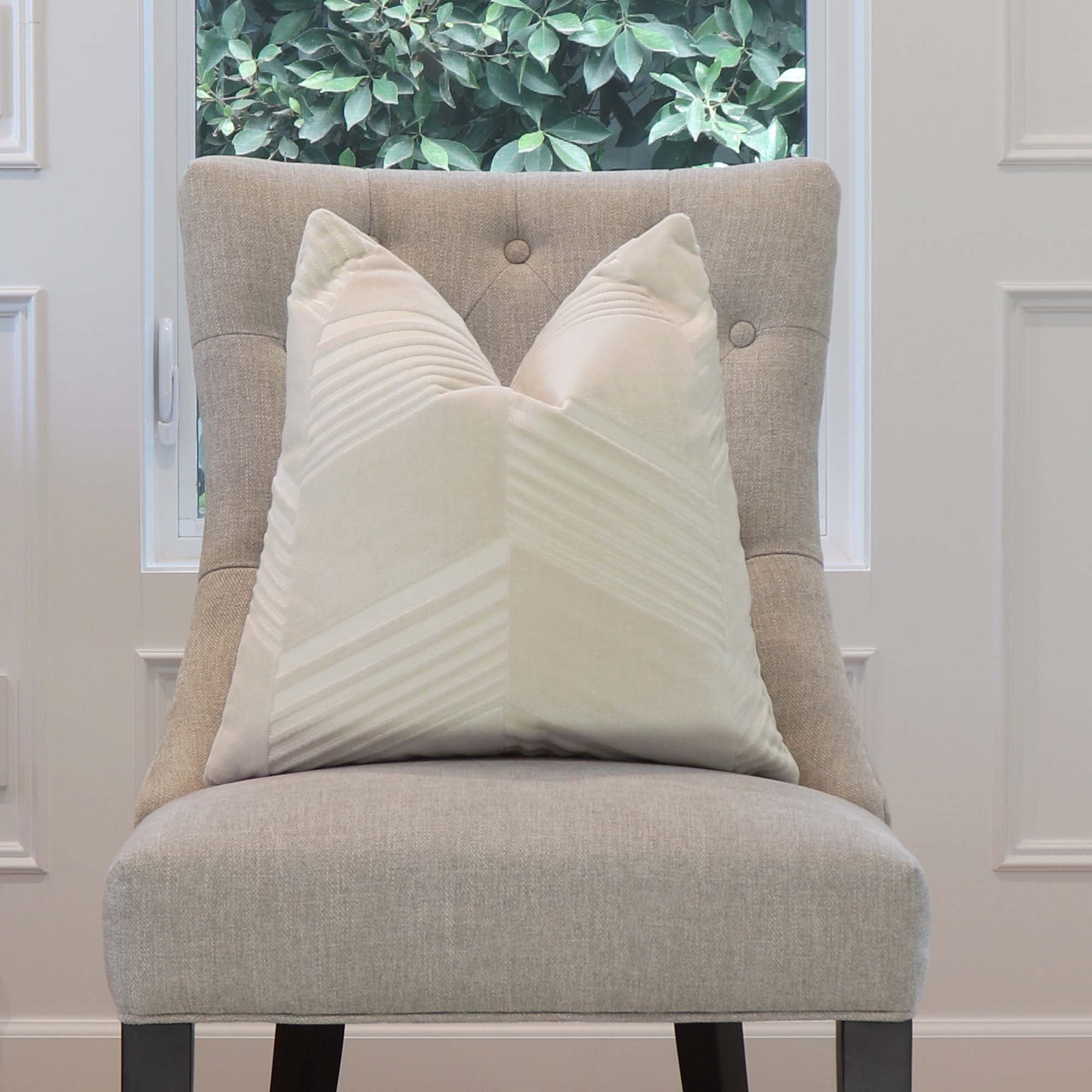 Schumacher Jessie Cut Velvet Ivory Designer Decorative Throw Pillow Cover on Armless Chair