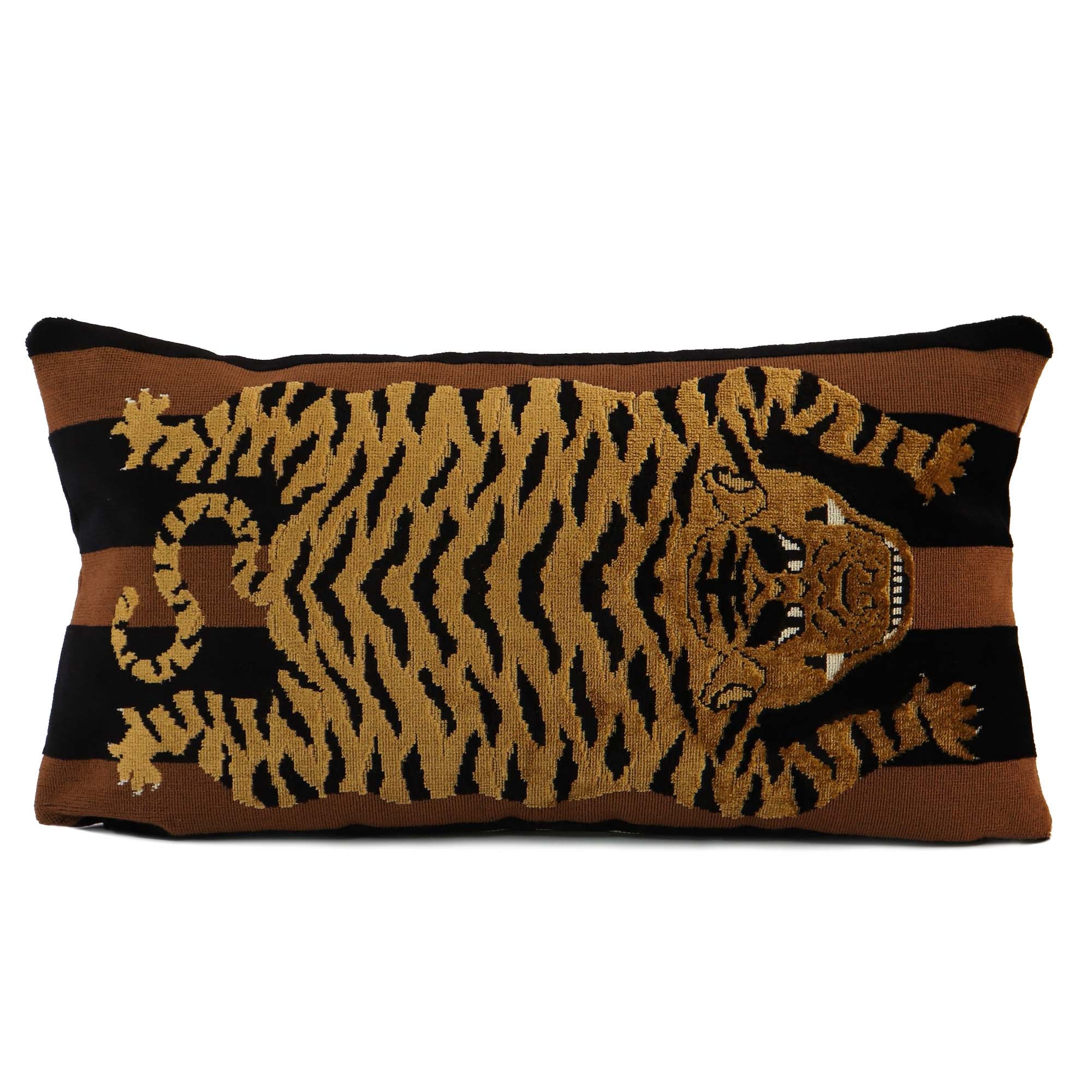 Schumacher Jokhang Tiger Velvet Brown / Black Luxury Designer Throw Pillow Cover Right Facing