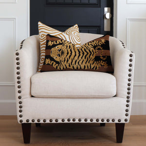 Schumacher Jokhang Tiger Velvet Brown / Black Luxury Designer Throw Pillow Cover on Accent Chair in Home