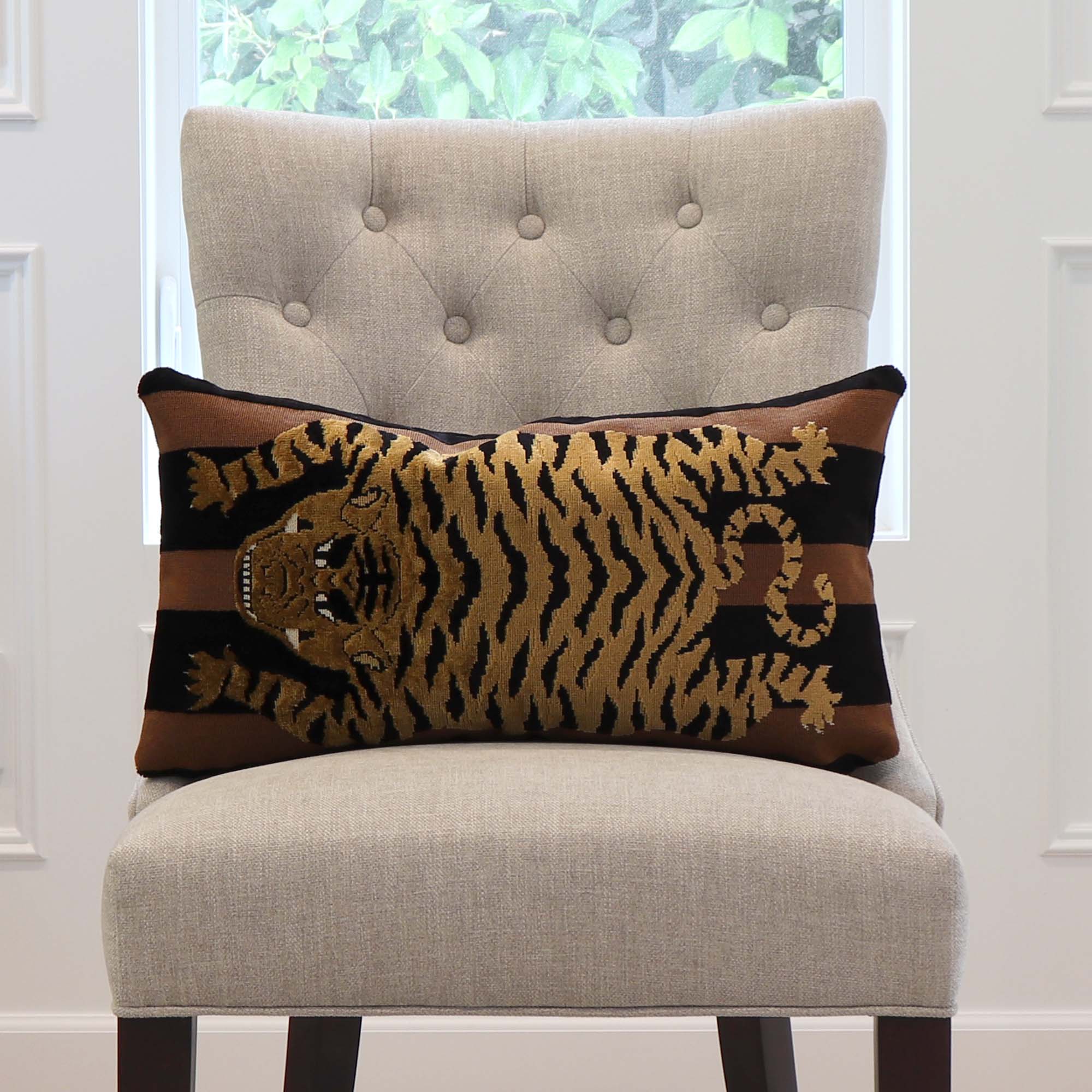 Schumacher Jokhang Tiger Velvet Brown / Black Luxury Designer Throw Pillow Cover on Dining Chair in Home
