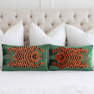 Schumacher Jokhang Tiger Velvet Green Luxury Designer Throw Pillow Cover Right and Left Facing on Bed