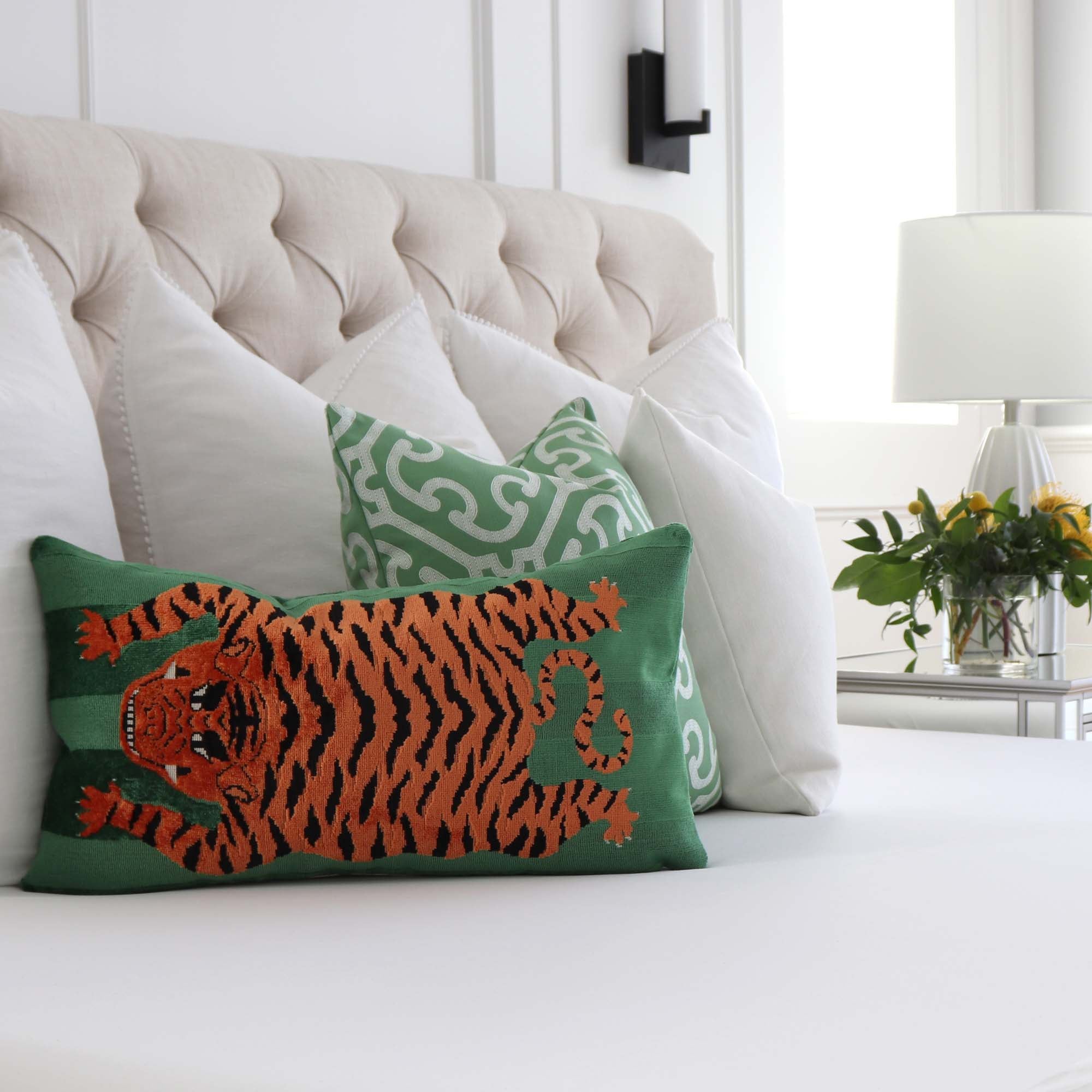 Schumacher Jokhang Tiger Velvet Green Luxury Designer Throw Pillow Cover