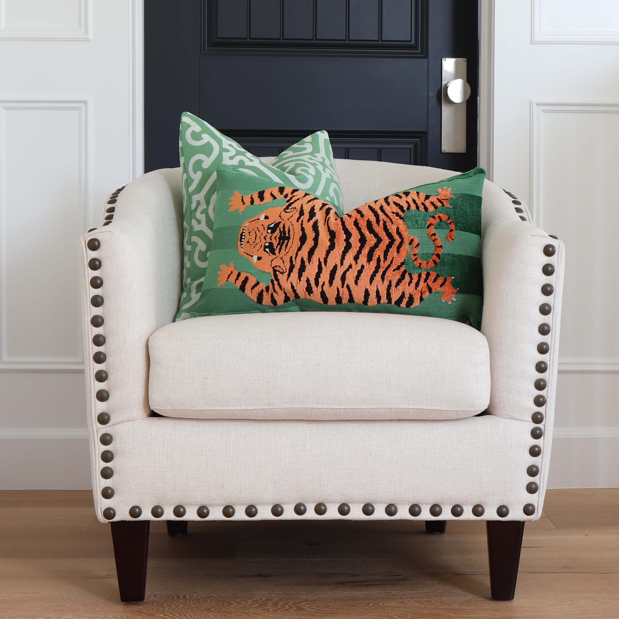 Schumacher Jokhang Tiger Velvet Green Luxury Designer Throw Pillow Cover on Accent Chair in Home