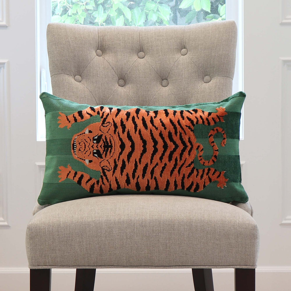 Schumacher Jokhang Tiger Velvet Green Luxury Designer Throw Pillow Cover on Dining Chair in Home