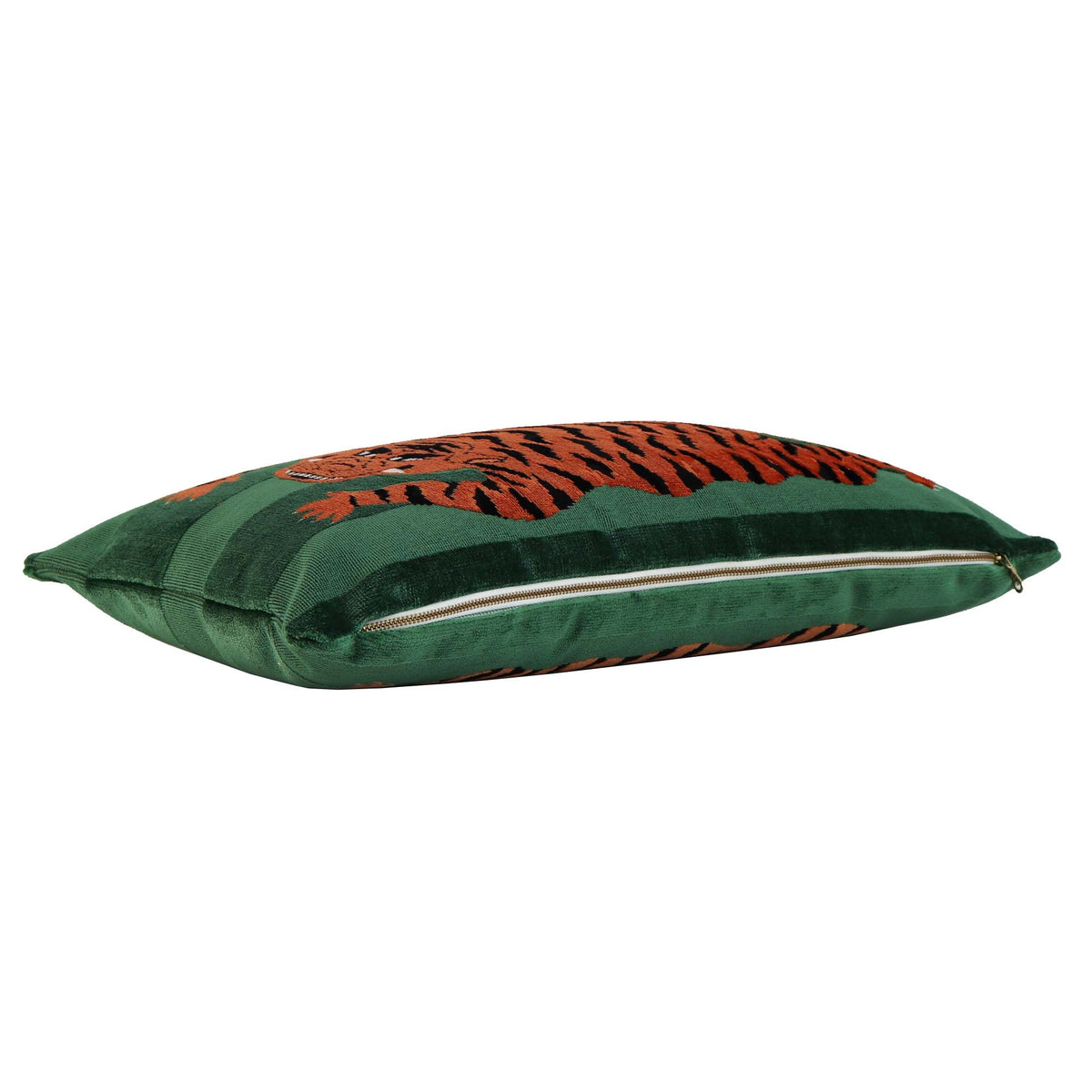 Schumacher Jokhang Tiger Velvet Green Luxury Designer Throw Pillow Cover with Exposed Gold Shiny Zipper