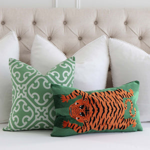 Schumacher Jokhang Tiger Velvet Green Luxury Designer Throw Pillow Cover with White Euro Shams
