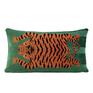 Schumacher Jokhang Tiger Velvet Green Luxury Designer Throw Pillow Cover Left Facing 