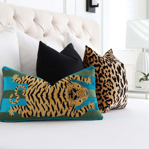 Schumacher Jokhang Hartig Tiger Velvet Peacock/Olive Designer Throw Pillow Cover in Bedroom with Matching Throw Pillows
