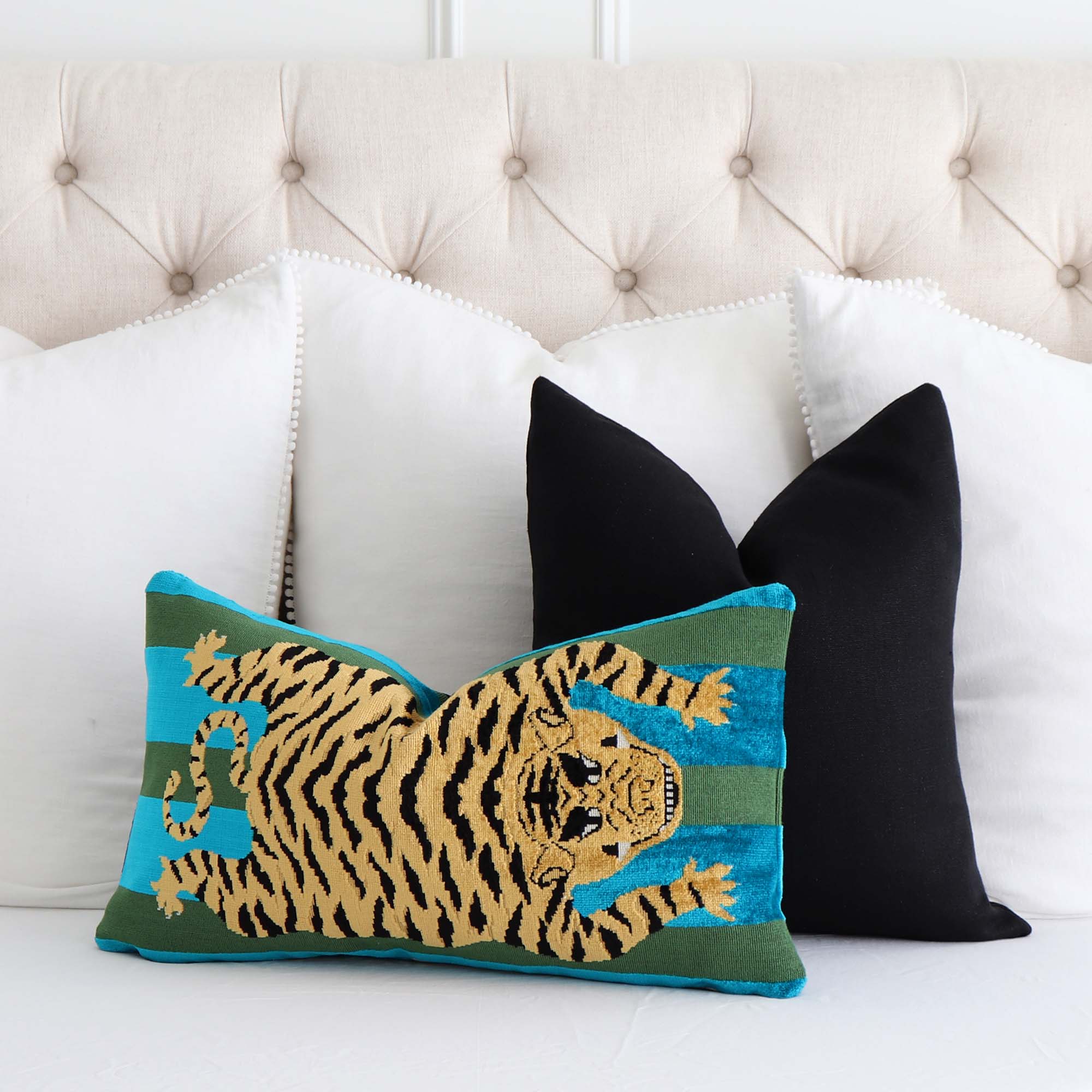 Schumacher Jokhang Hartig Tiger Velvet Peacock/Olive Designer Throw Pillow Cover with Solid Black Linen Throw Pillow