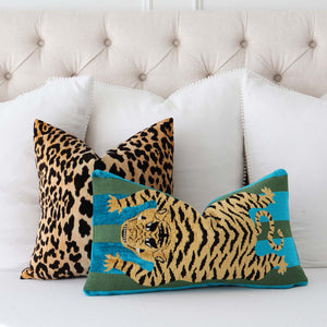 Schumacher Jokhang Hartig Tiger Velvet Peacock/Olive Designer Throw Pillow Cover with Jamil Leopard Velvet Throw Pillow