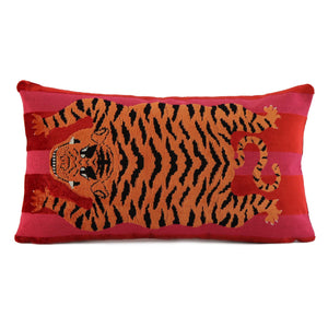 Schumacher Jokhang Tiger Velvet Red and Pink Luxury Designer Throw Pillows Left Facing Tiger