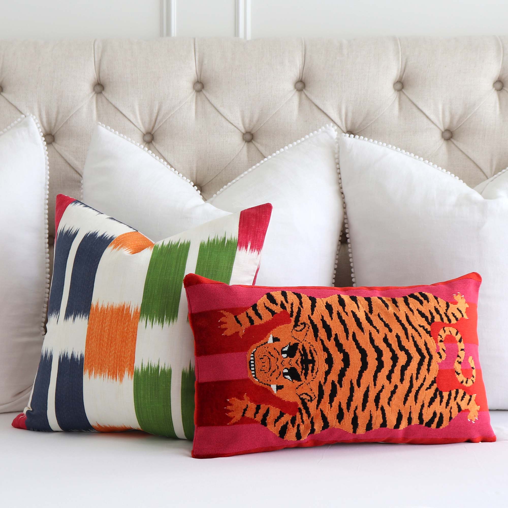 Schumacher Jokhang Tiger Velvet Red and Pink Luxury Designer Throw Pillows with White Big Euro Shams