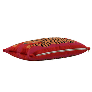 Schumacher Jokhang Tiger Velvet Red and Pink Luxury Designer Throw Pillows with Exposed YKK Brass Gold Shiny Zipper