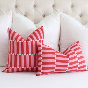 Schumacher Luna Pink and Red Block Print Designer Luxury Decorative Throw Pillow Cover with White Linen Euro Shams
