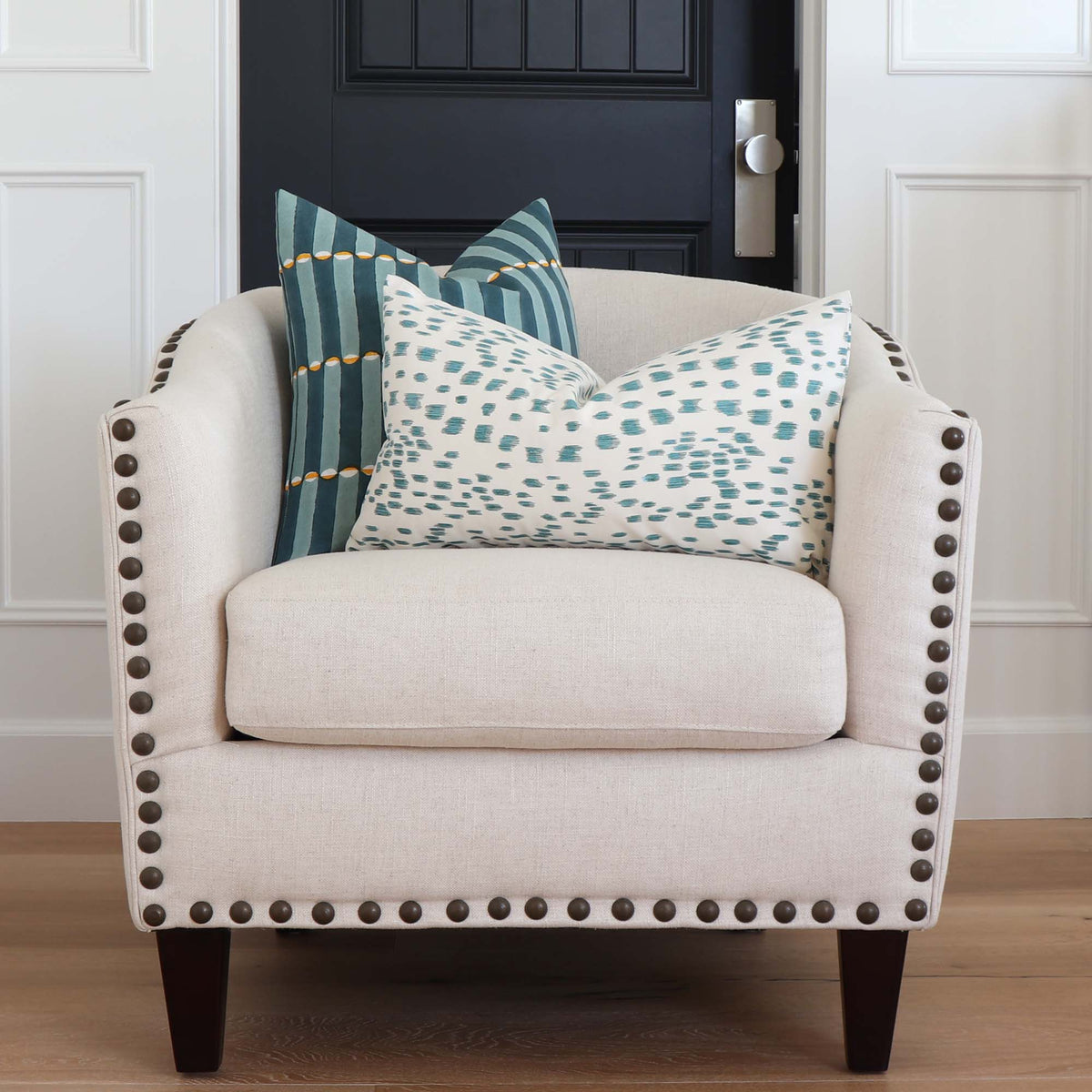 Schumacher Luna Blue and Turmeric Graphic Block Print Designer Decorative Throw Pillow Cover in Home Decor on Accent Club Chair