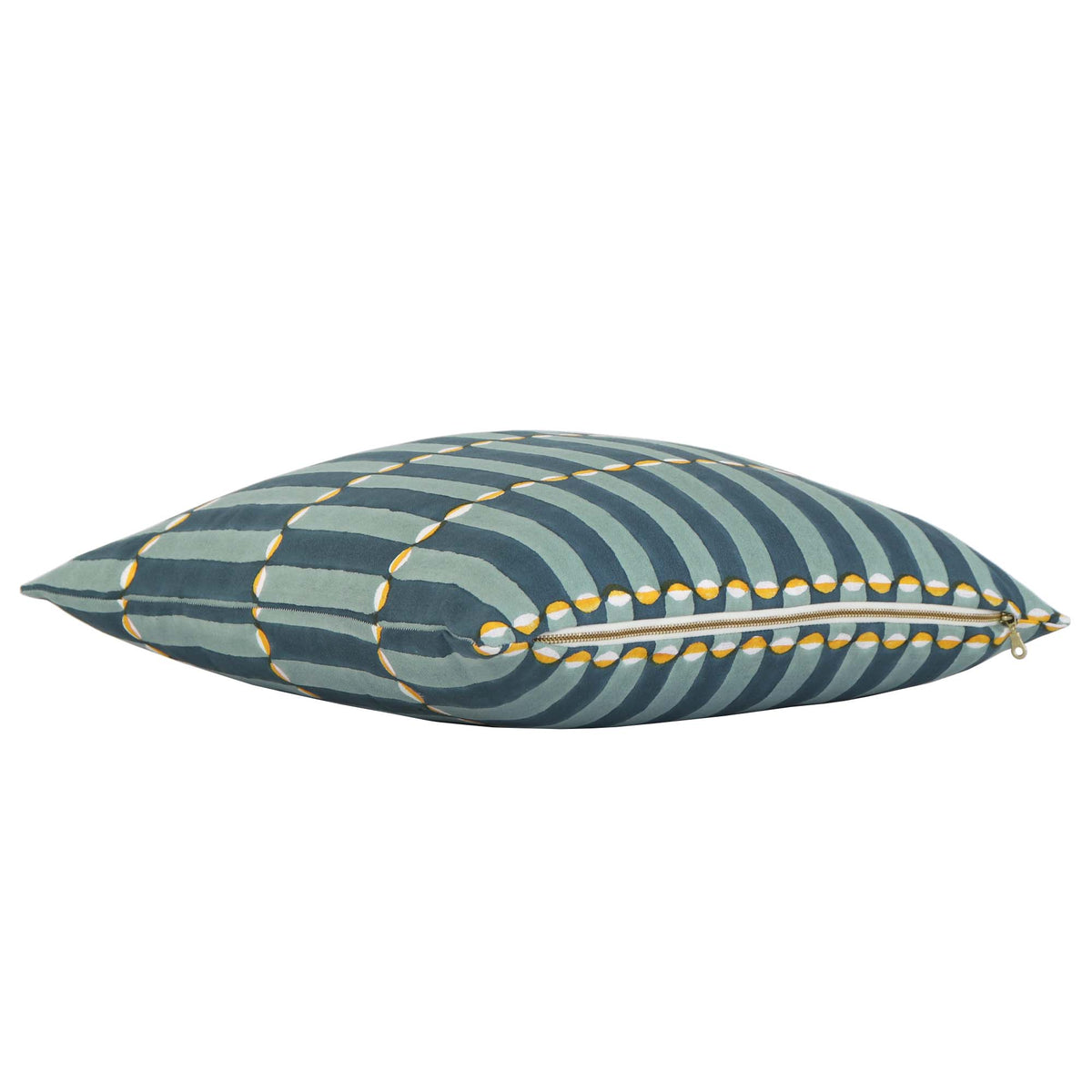 Schumacher Luna Blue and Turmeric Graphic Block Print Designer Decorative Throw Pillow Cover with Exposed Brass Zipper