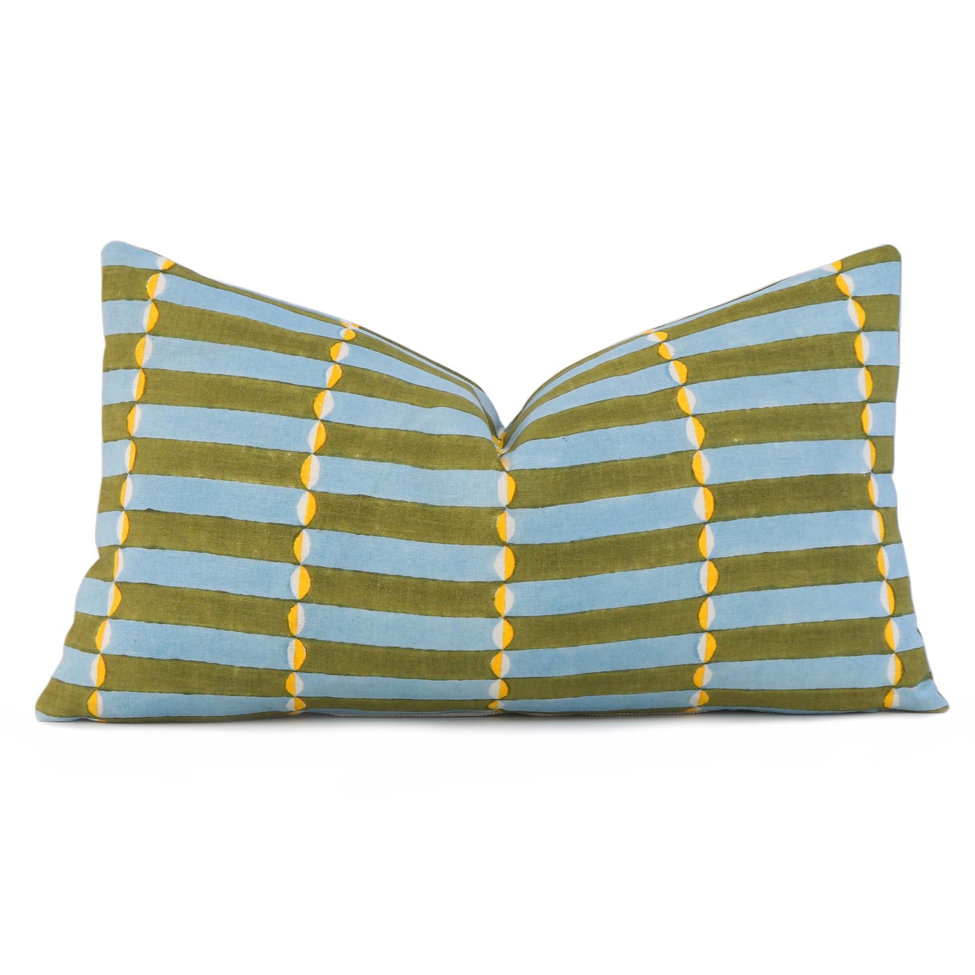 Schumacher Luna Khaki and Turquoise Blue Graphic Block Print Decorative Lumbar Throw Pillow Cover