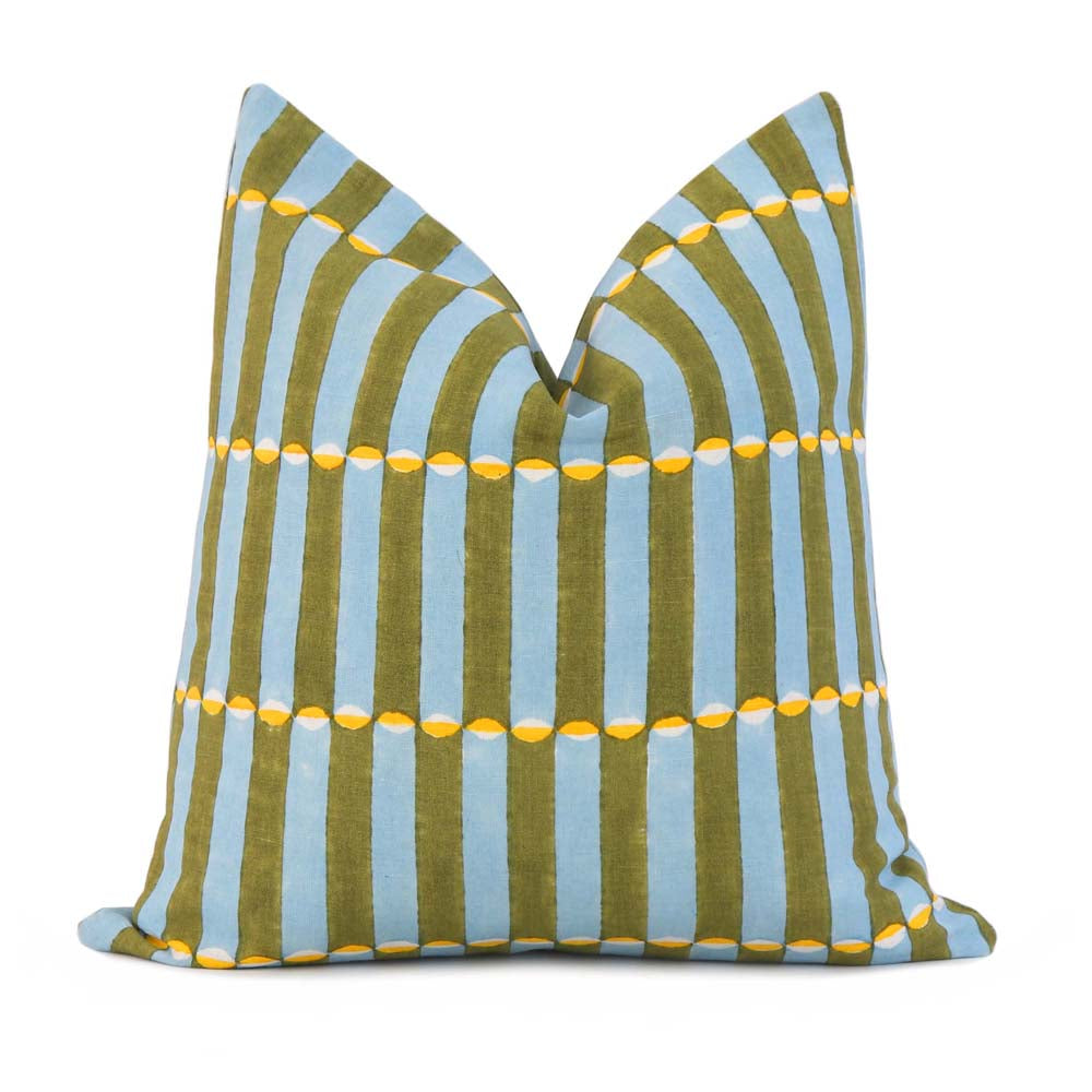 Schumacher Luna Khaki and Turquoise Blue Graphic Block Print Decorative Throw Pillow Cover