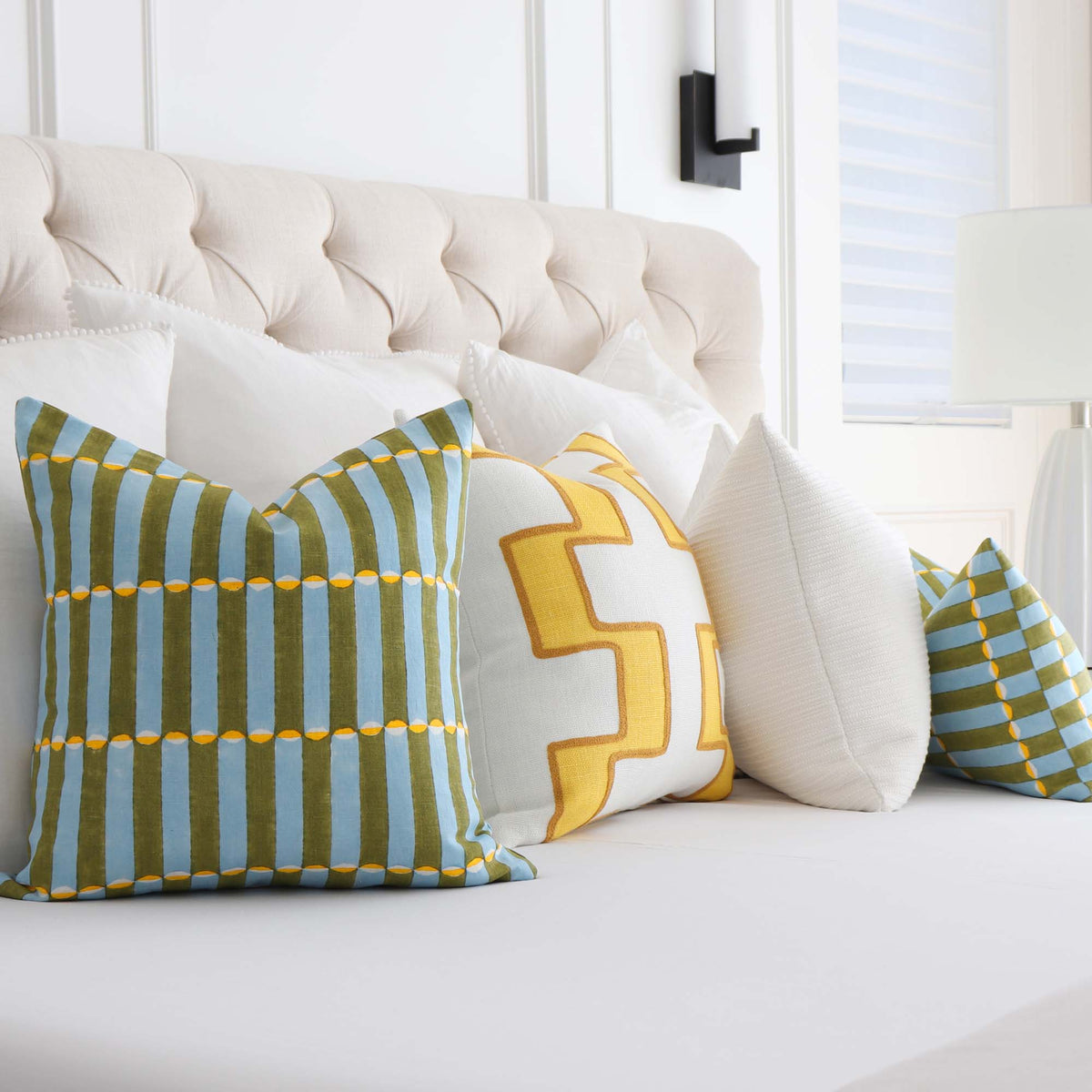 Schumacher Luna Khaki and Turquoise Blue Graphic Block Print Decorative Throw Pillow Cover with Coordinating Pillow Mix