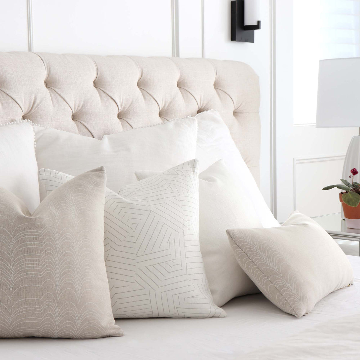 Schumacher Richter Natural and Ivory Striped Designer Throw Pillow Cover in Bedroom