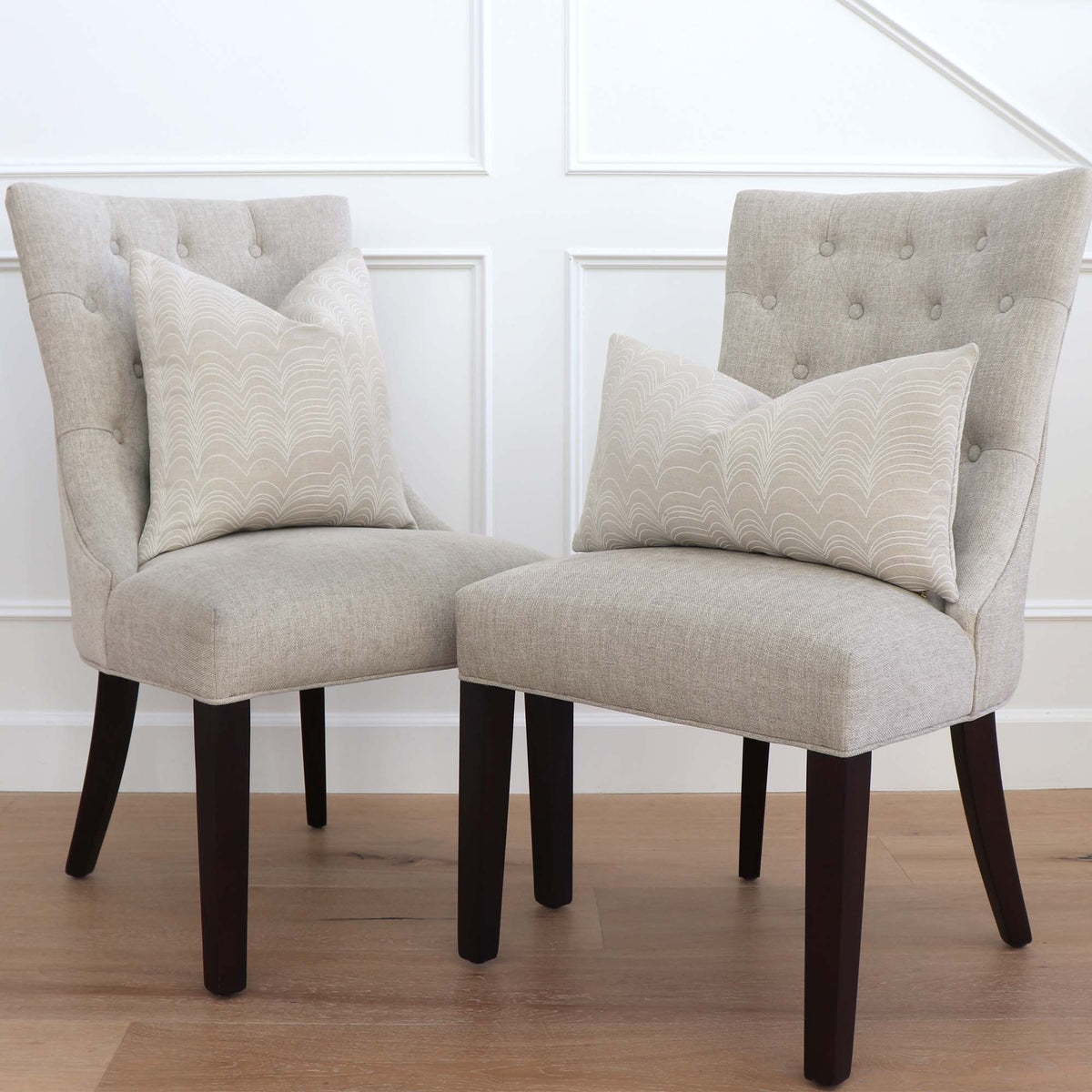 Schumacher Richter Natural and Ivory Striped Designer Throw Pillow Cover on Armless Accent Chairs