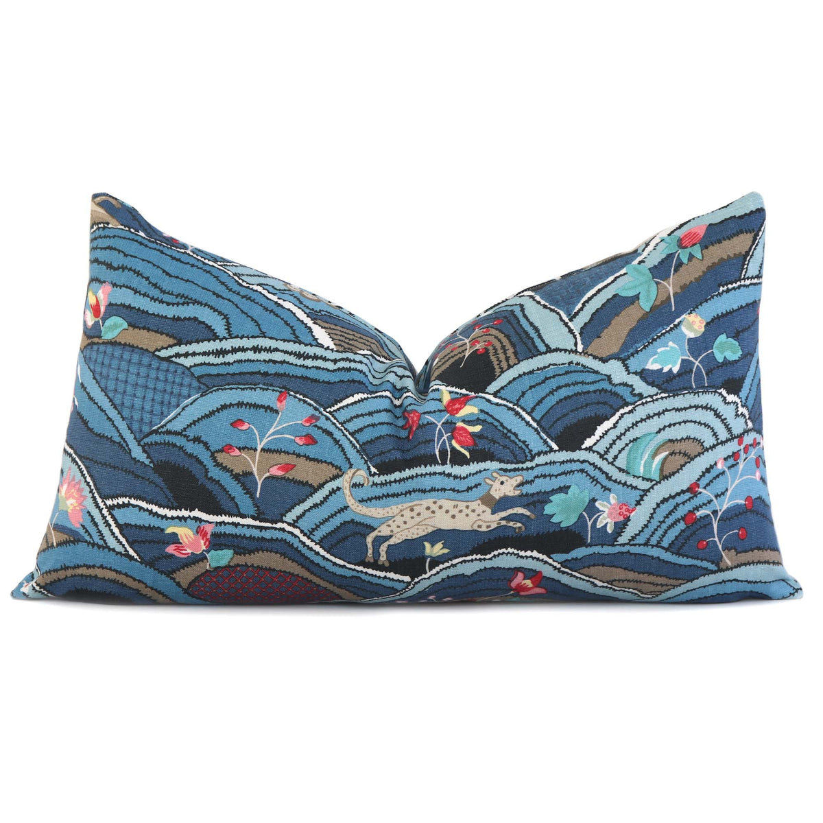 Schumacher Rolling Hills Blue Designer Lumbar Throw Pillow Cover