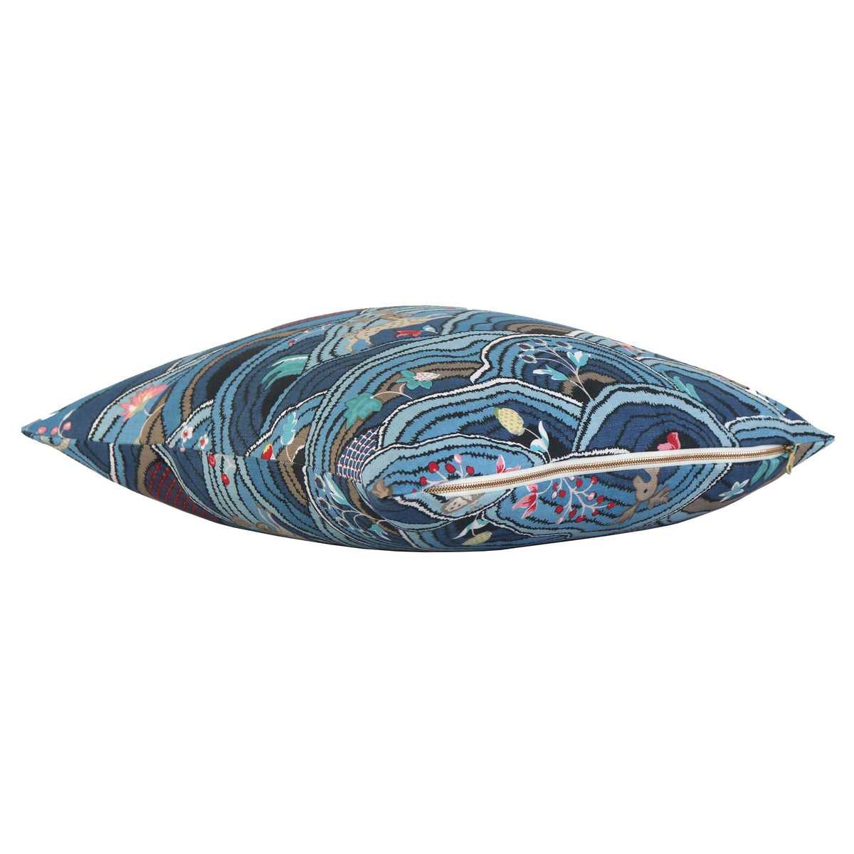 Schumacher Rolling Hills Blue Designer Throw Pillow Cover with Gold Zipper