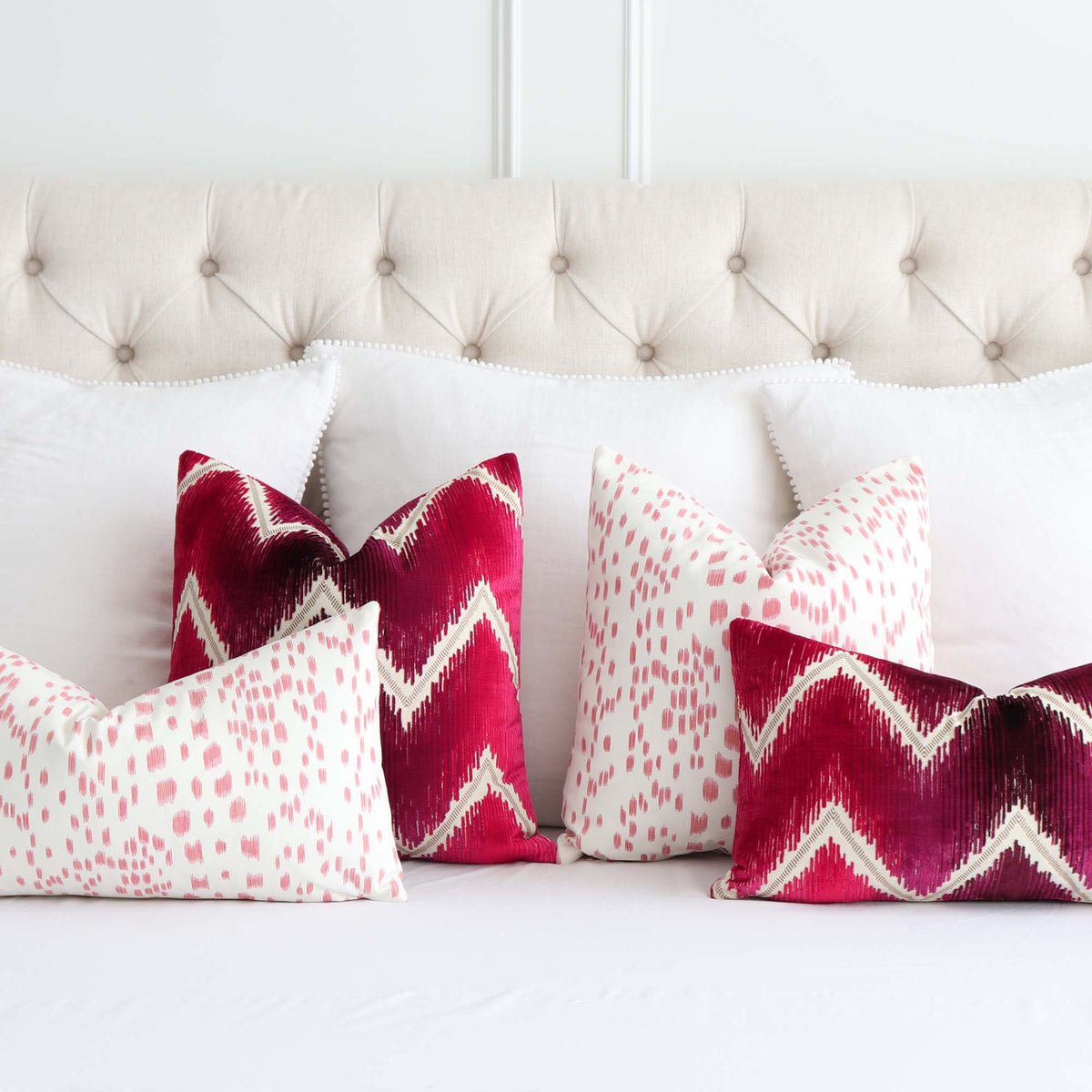 Schumacher Shock Wave Velvet Ruby Red Designer Luxury Throw Pillow Cover with Matching Combo Throw Pillows