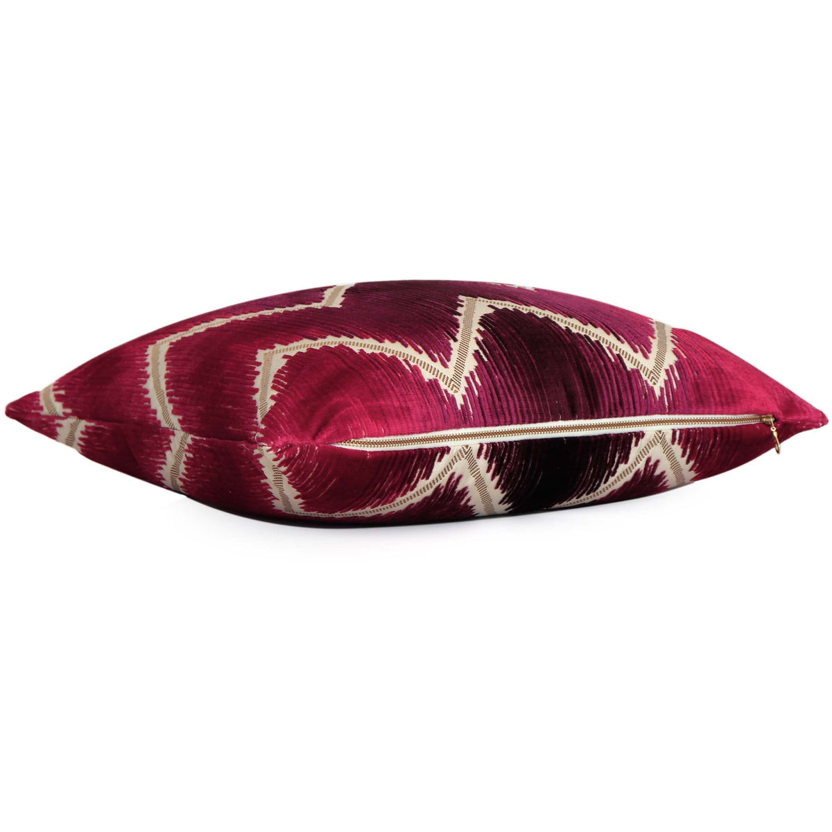 Schumacher Shock Wave Velvet Ruby Red Designer Luxury Throw Pillow Cover with Exposed Brass Zipper