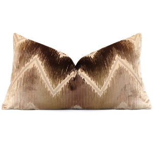 Schumacher Shock Wave Velvet Sand & Sable Chevron Designer Luxury Throw Lumbar Pillow Cover