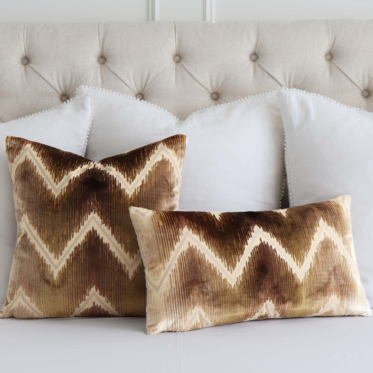 Schumacher Shock Wave Velvet Sand &amp; Sable Chevron Designer Luxury Throw Pillow Cover with White Euro Shams