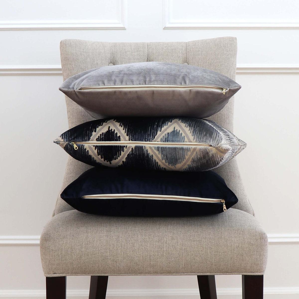 Schumacher Shock Wave Velvet Midnight Blue Designer Throw Pillow with Matching Pillows