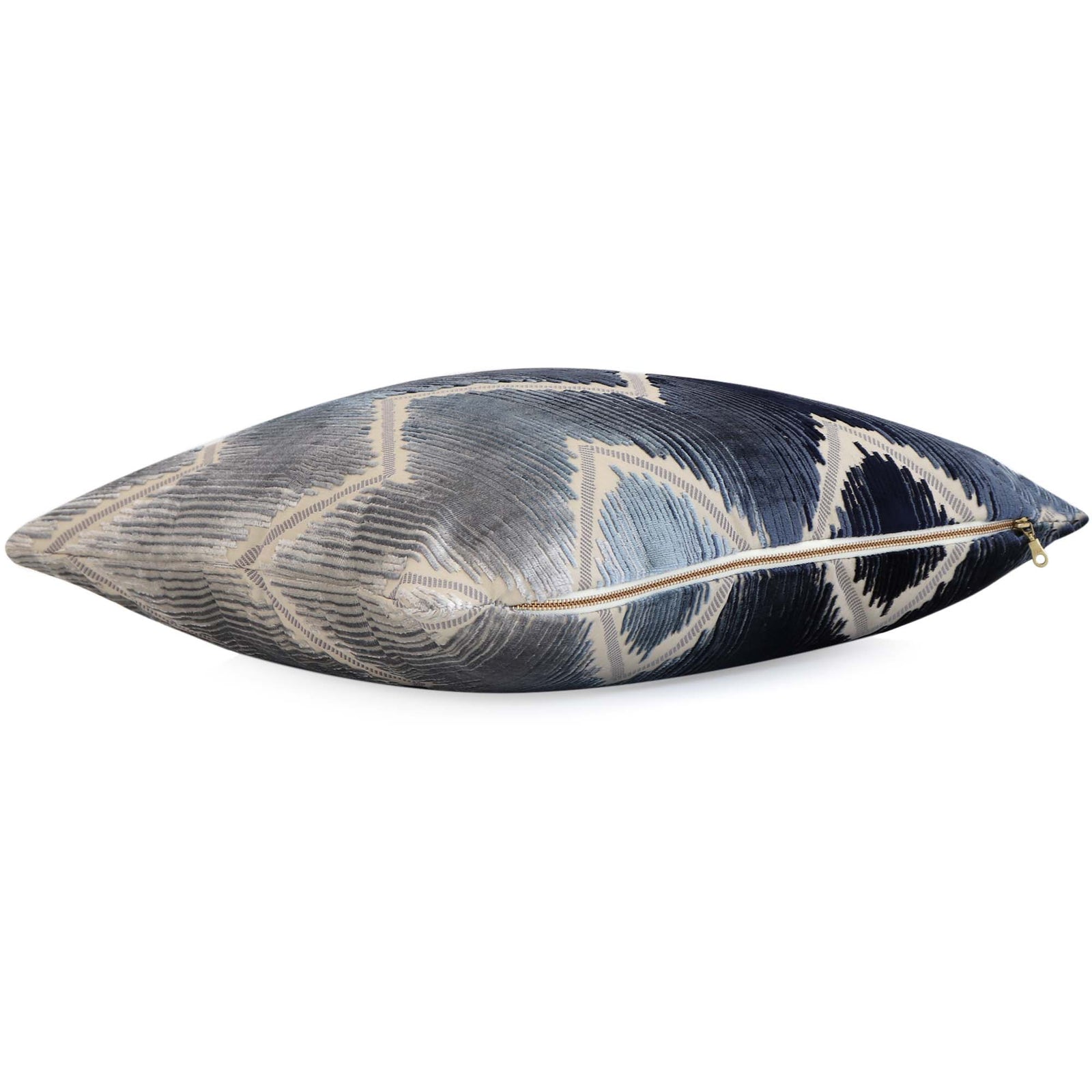 Schumacher Shock Wave Velvet Midnight Blue Designer Throw Pillow with Brass Gold Zipper