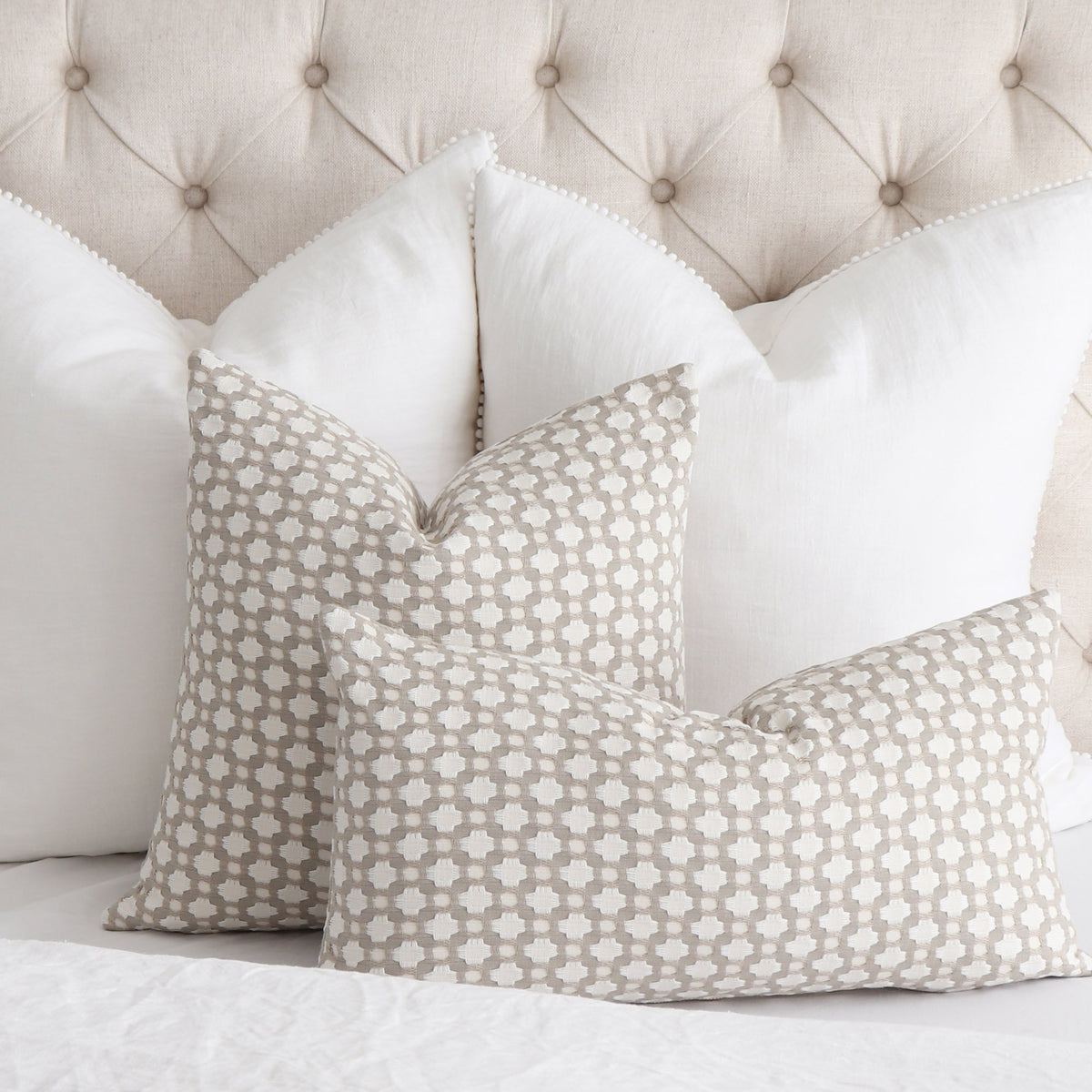 Schumacher Betwixt Stone Gray Throw Pillow Cover in Bedroom