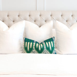 Schumacher Bukhara Ikat Emerald Peacock Designer Lumbar Pillow Cover in Bedroom