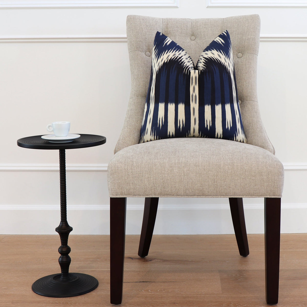 Schumacher Bukhara Ikat Indigo Throw Pillow Cover on Chair