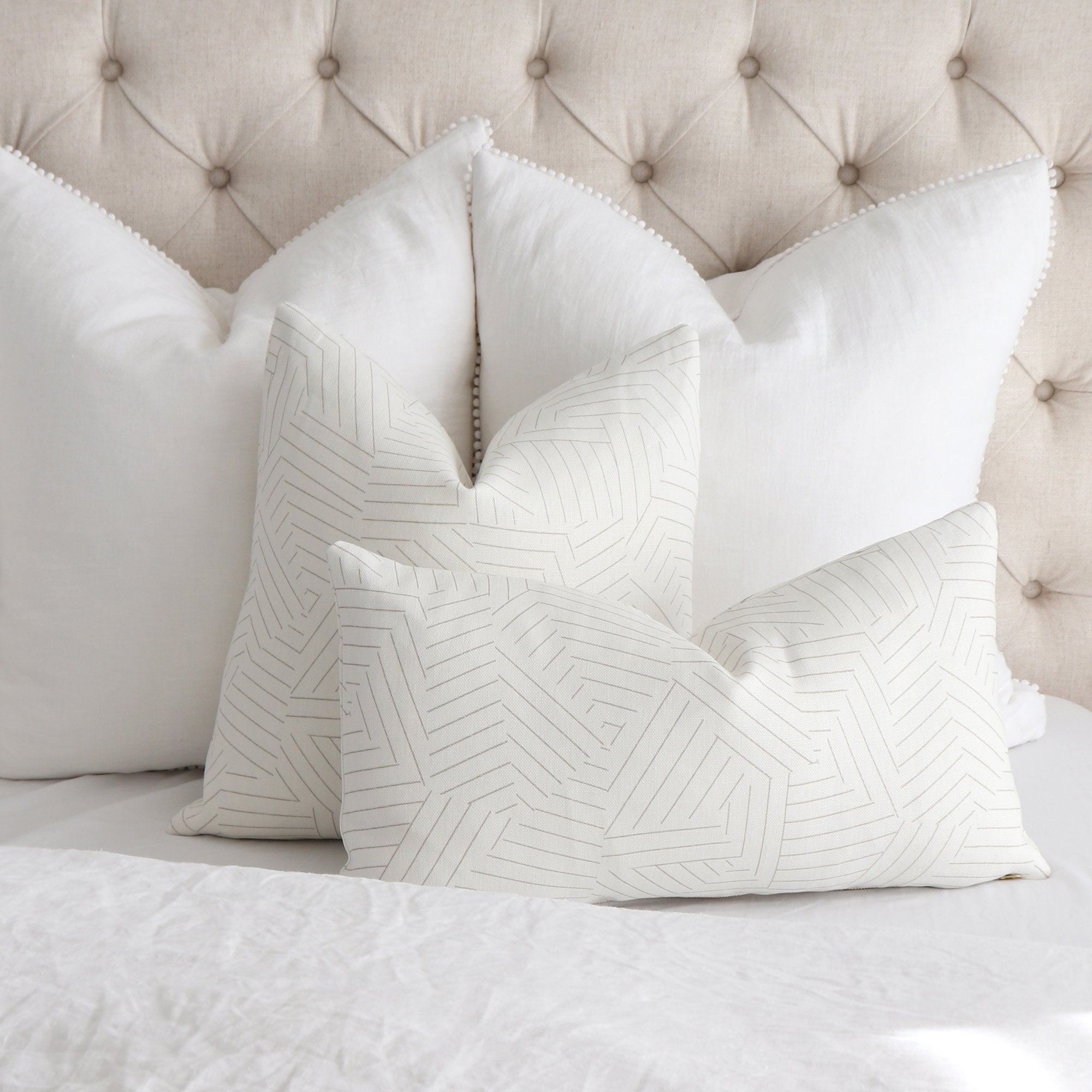 Schumacher Deconstructed Stripe Greige Throw Pillow Cover in Bedroom