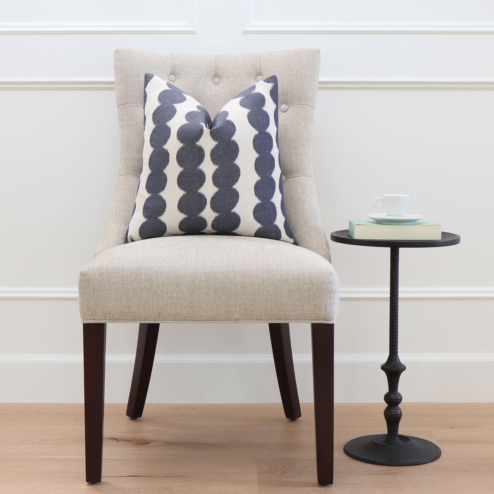 Schumacher Full Circle Navy Blue Pillow Cover on Accent Chair
