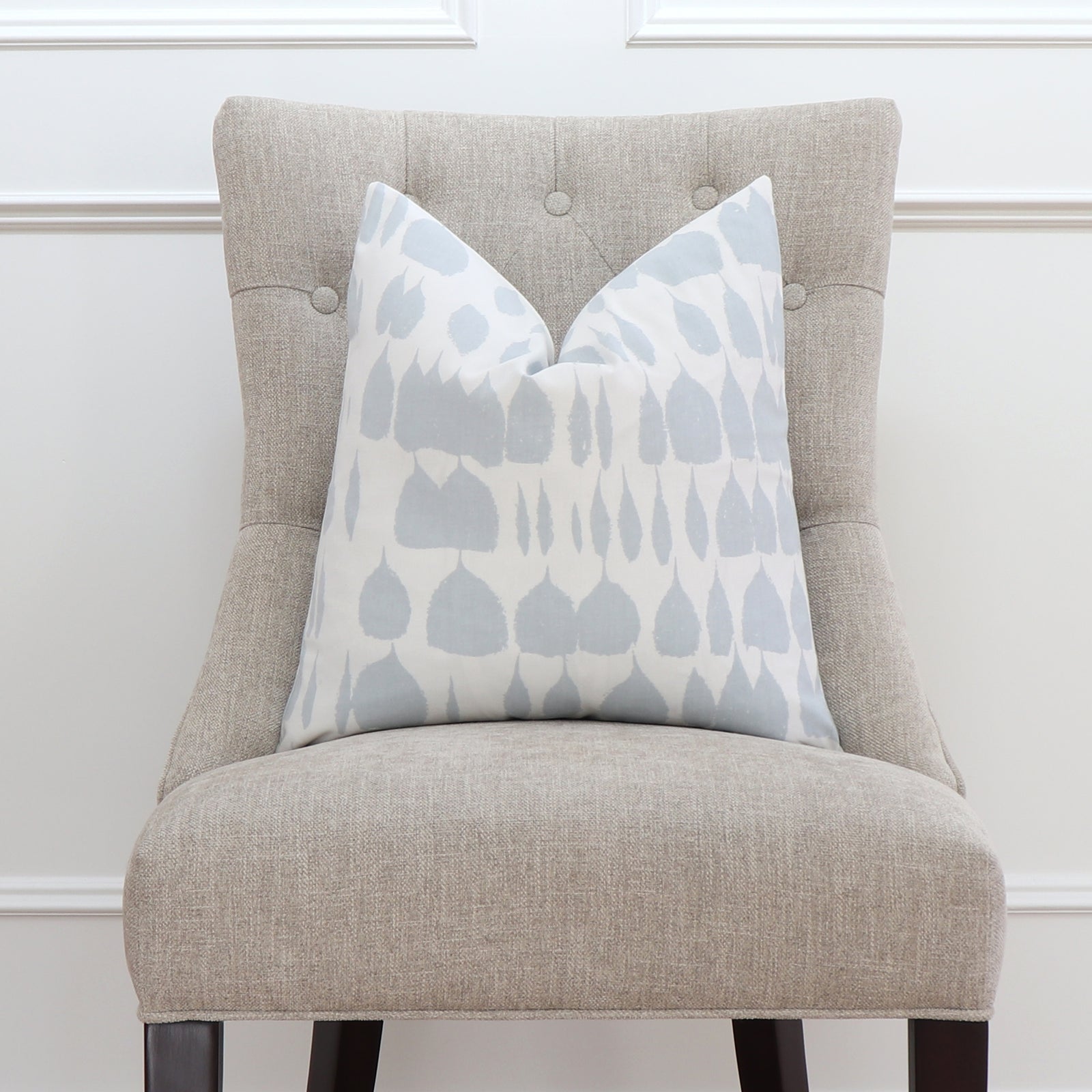 Schumacher Queen of Spain Sky Blue Throw Pillow Cover on Dining Chair