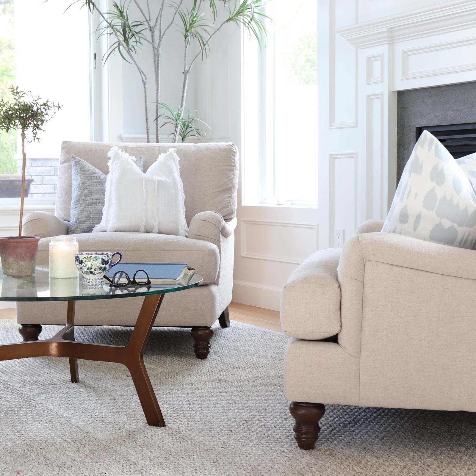 Schumacher Queen of Spain Sky Blue Throw Pillow Cover in Living Room on Accent Chair