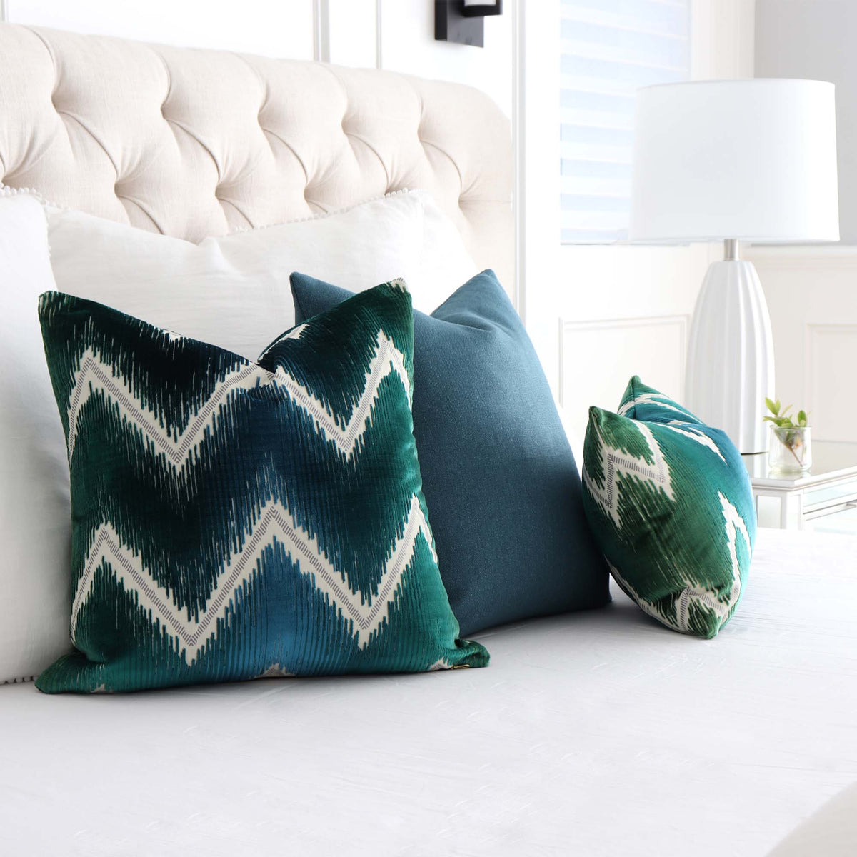 Schumacher Shock Wave Velvet Peacock Designer Throw Pillow Cover in Bedroom