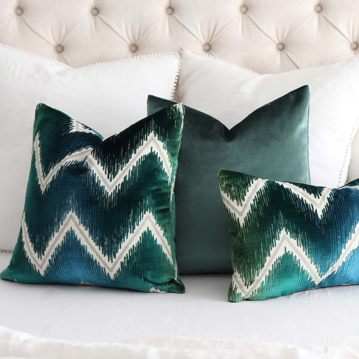 Schumacher Shock Wave Velvet Peacock Designer Throw Pillow Cover with Green Velvet Pillow