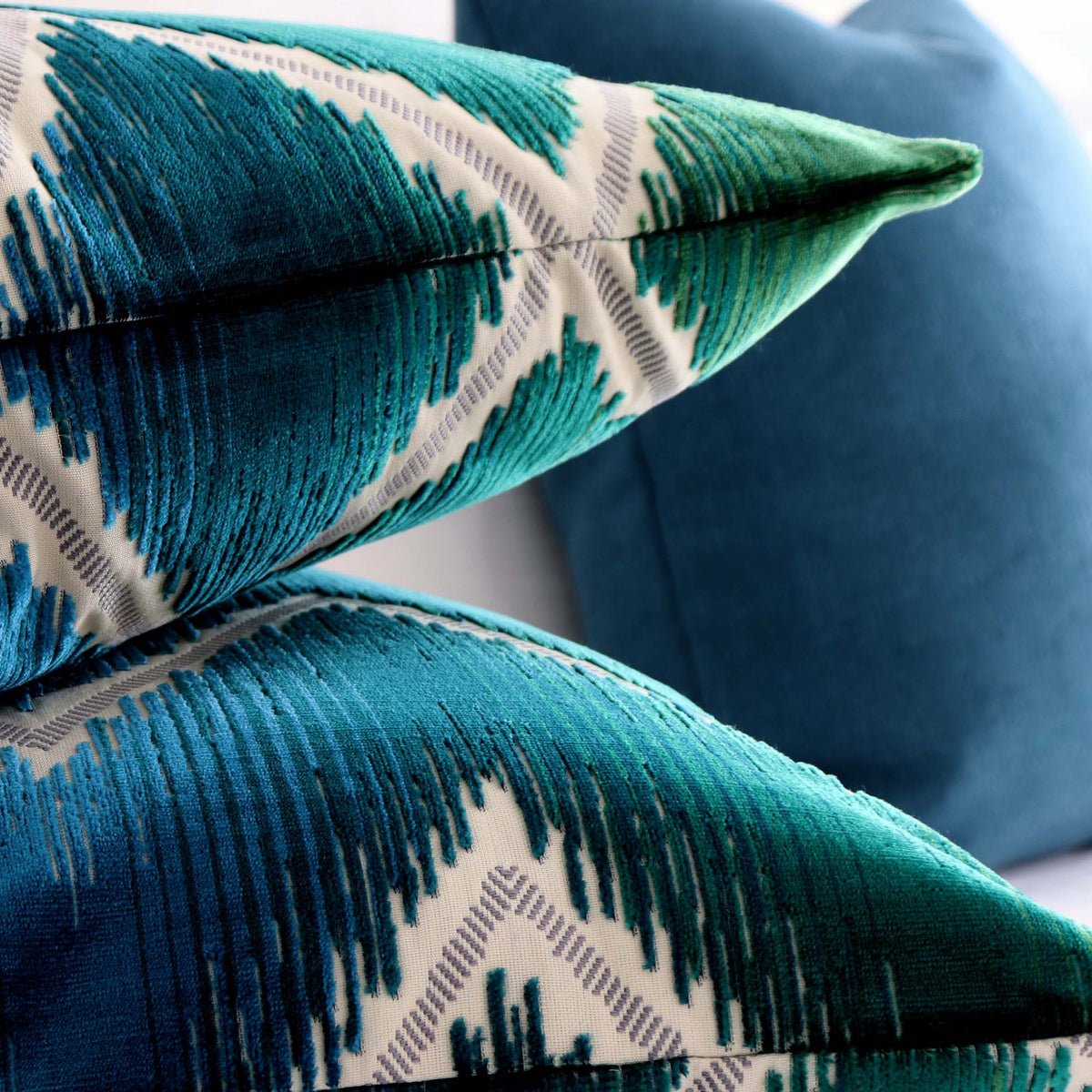 Schumacher Shock Wave Velvet Peacock Designer Throw Pillow Cover Close Up