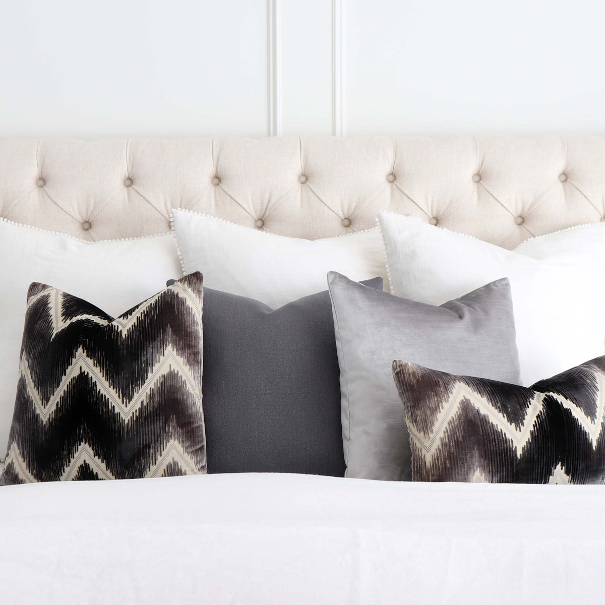 Schumacher Shock Wave Velvet Platinum Black Designer Throw Pillow Cover with Matching Pillows