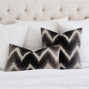 Schumacher Shock Wave Velvet Platinum Black Designer Throw Pillow Cover with White Linen Bedding