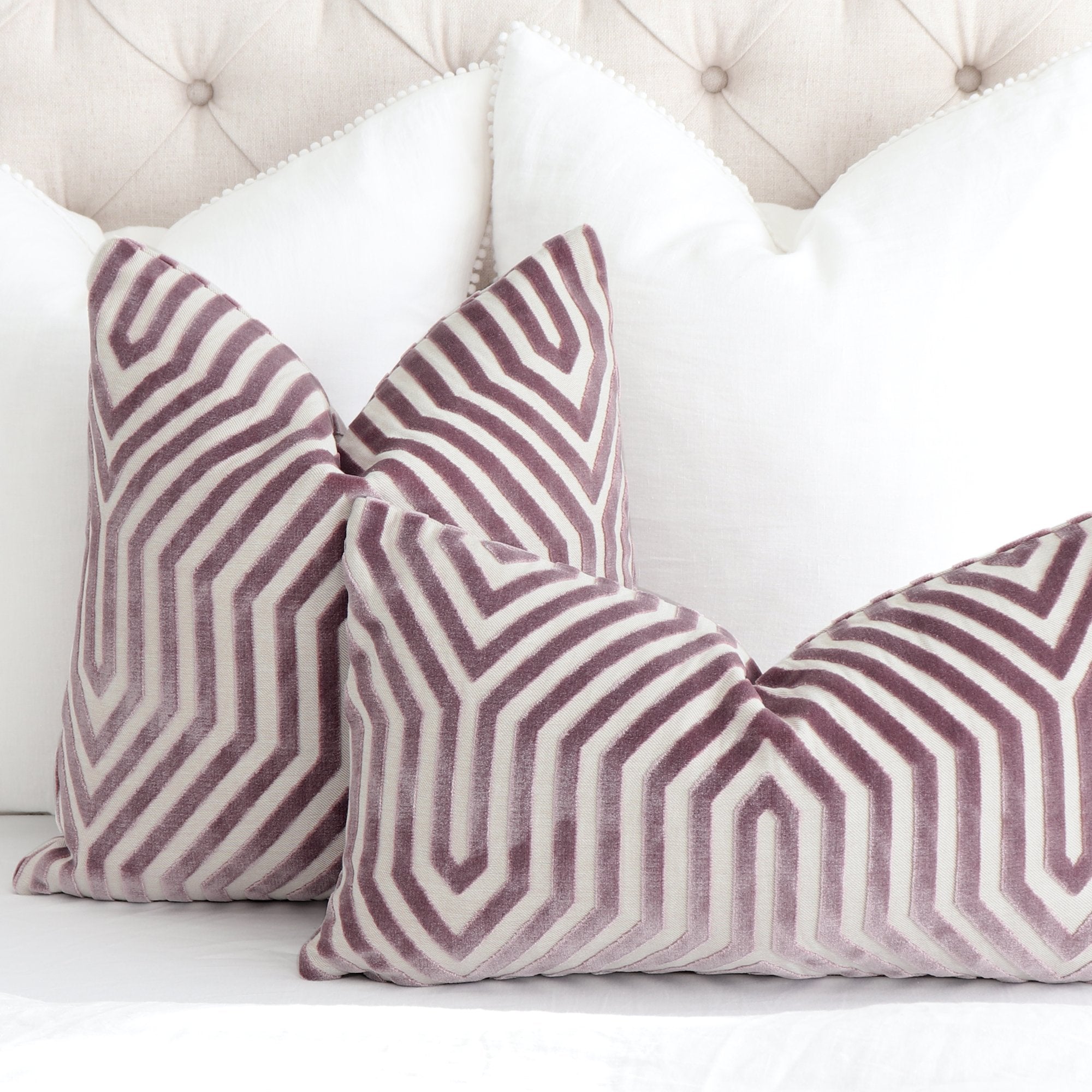Schumacher Vanderbilt Lilac Velvet Throw Pillow Cover in Bedroom