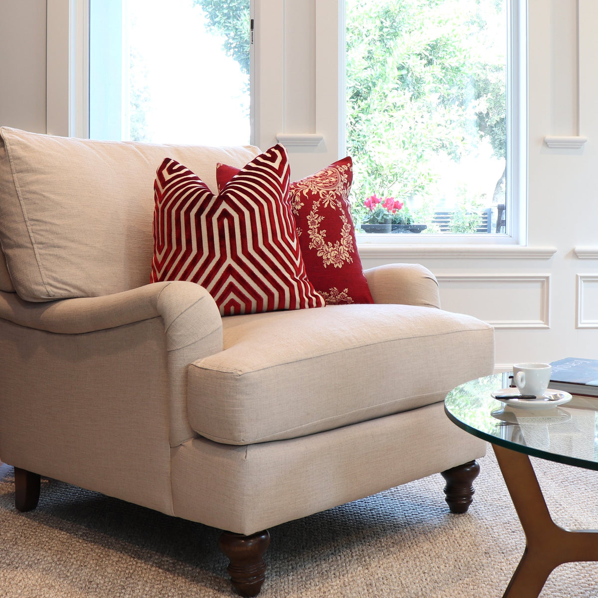 Schumacher Vanderbilt Garnet Velvet Designer Pillow Cover on Accent Chair