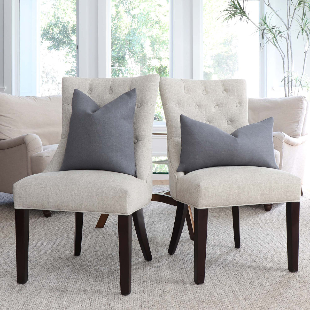 Tay Gray Solid Color Linen Designer Throw Pillow Cover on Dining Chairs